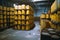 storage facility, with barrels of radioactive waste stacked on metal racks