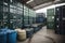 a storage facility, with a variety of containers and tanks for radioactive material