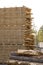 Storage of piles of wooden boards on the sawmill. Boards are stacked in a carpentry shop. Sawing drying and marketing of