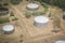 Storage tanks from above, aerial of oil, gasoline silos