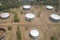 Storage tanks from above, aerial of oil, gasoline silos