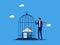Store assets. Businessman locks the house in the birdcage. business concept