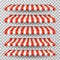 Store awning. Grocery market striped roofs. Red and white shop canopy. Restaurant window tent vector isolated set