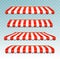 Store awning shop canopy. Store tent red striped roof front view. Restaurant, grocery or cafe awning street umbrella