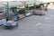 Store building materials and street tiles. Display of decorative paving stones and road bricks at a stoneyard shop organized on