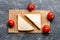 Store concept with bread and tomato table background top view