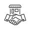 Store cooperation and hand shake symbol. Property dealer making a deal handshake vector linear illustration
