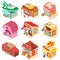 Store facade front shop icons set, isometric style