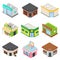 Store facade front shop icons set, isometric style