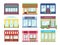 Store flat buildings. Cartoon shop facade with showcase boutique retail building storefront restaurant houses. Shopping