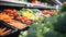 Store shelf filled with a variety of colorful and juicy vegetables such as tomatoes, zucchini, carrots, and many more.