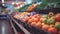 Store shelf filled with a variety of colorful and juicy vegetables such as tomatoes, zucchini, carrots, and many more.