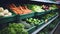 Store shelf filled with a variety of colorful and juicy vegetables such as tomatoes, zucchini, carrots, and many more.