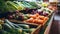 Store shelf filled with a variety of colorful and juicy vegetables such as tomatoes, zucchini, carrots, and many more.