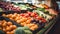 Store shelf filled with a variety of colorful and juicy vegetables such as tomatoes, zucchini, carrots, and many more.