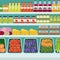 Store shelves with groceries, food and drinks. Vector flat illus