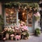 Storefront flower shop with a vibrant display of pink blooms. AI-generated.