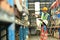 Storehouse employees using barcode scanner to scanning box and checking inventory in a large warehouse