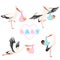 Stork with baby. Cute bird flying with newborn pacifier little children vector cartoon mascot funny poses