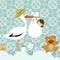 Stork with cute baby child, teddy bear and toys. Baby shower cartoon vector illustration