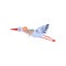 Stork flying with cute little child on back. Birds carrying baby boy. Flat vector element for children book or greeting