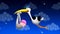 Stork flying holding a bag with a baby, best loop video screen background for lullaby to put a baby to sleep, calming relaxing