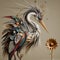 A stork that has been meticulously created from a variety of materials.