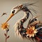 A stork that has been meticulously created from a variety of materials.