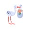 Stork holding bag with cheerful child. Bird and newborn kid. Flat vector element for baby shower card or children book