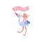 Stork holding flag in beak and cheerful baby girl on back. Bird and child. Flat vector element for postcard or banner