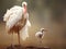 stork with its chick. blurred background