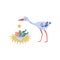 Stork playing with little baby. Joyful kid laying in nest. Lovely bird and child. Flat vector element for greeting card