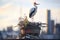 stork standing vigil on nest atop industrial chimney