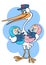 Stork with twins. Cartoon stork with a newborn. Vector color drawing of a cheerful stork with twins