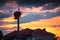 Storks feeding babies in a nest against sunset sky with clouds