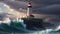 Storm with big waves over the lighthouse at the ocean. Generative AI