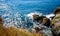 Storm at Black sea. Big waves break on the rocky shore, white foam on the water