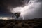 storm brews in the desert, with dramatic lightning strikes and rolling thunder