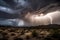 storm brews in the desert, with dramatic lightning strikes and rolling thunder