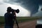 storm chaser, with camera in hand, capturing dramatic and close-up tornado footage