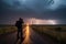 storm chaser capturing violent storm on camera, with lightning and rain in the background