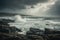 storm clouds hovering above stormy coast, with waves crashing against the rocks