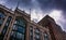 Storm clouds over buildings in Boston, Massachusetts.