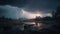 a storm is coming in over a river and a tree with a lot of lightning in the sky above it is a small lake with rocks and grass in