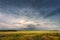 Storm dark clouds over field. Thunderstorm over a wheat field