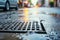 Storm drain on a city street during the rain. Storm sewer during a downpour. Generative AI