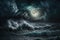 Storm over the ocean, big waves dramatic night sky and clouds, generative ai