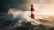 Storm\\\'s Beacon: A Red and White Lighthouse Braving the Tempest