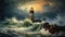 Storm at sea. Dramatic seascape with crashing waves, lighthouse, rocky shore.