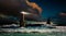 Storm at sea overlooking the lighthouse and ships. Lighthouse Tourlitis of Chora, Andros, Greece